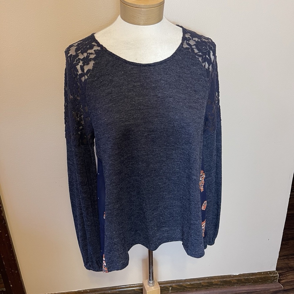 NEW Miss Me Womens Mixed Media Lace Paisley Back Top Blue Navy Small